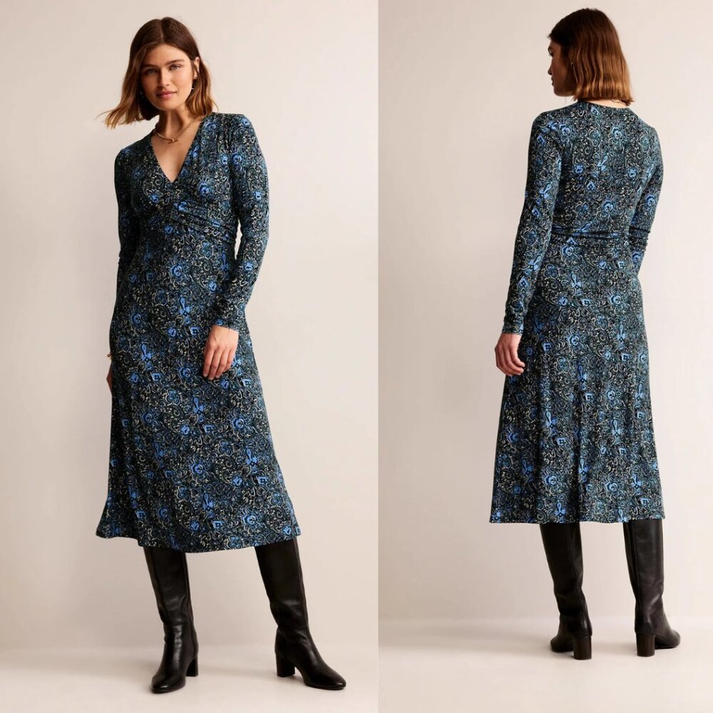 Boden Elodie Empire Long Sleeve Midi Dress in Emerald Night Botanic Terrace 10